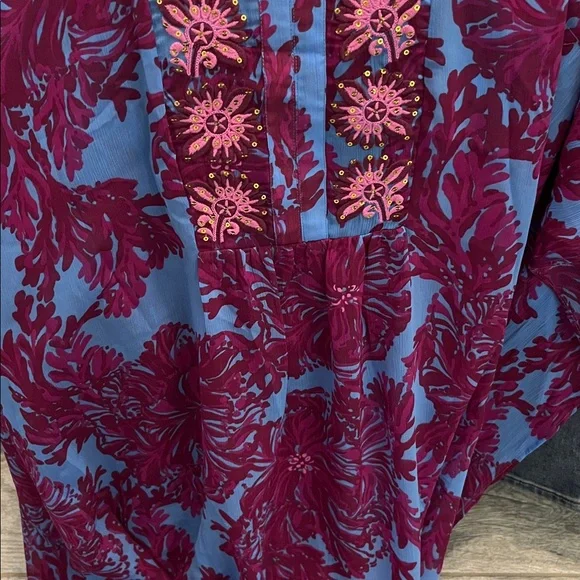 Lilly Pulitzer embroidered kaftan Burgundy/ blue size L/XL , full nude slip nwt - Picture 11 of 11